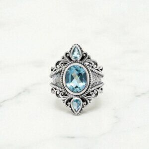 Oval and Pear Blue Topaz Ring in 925 Sterling Silver